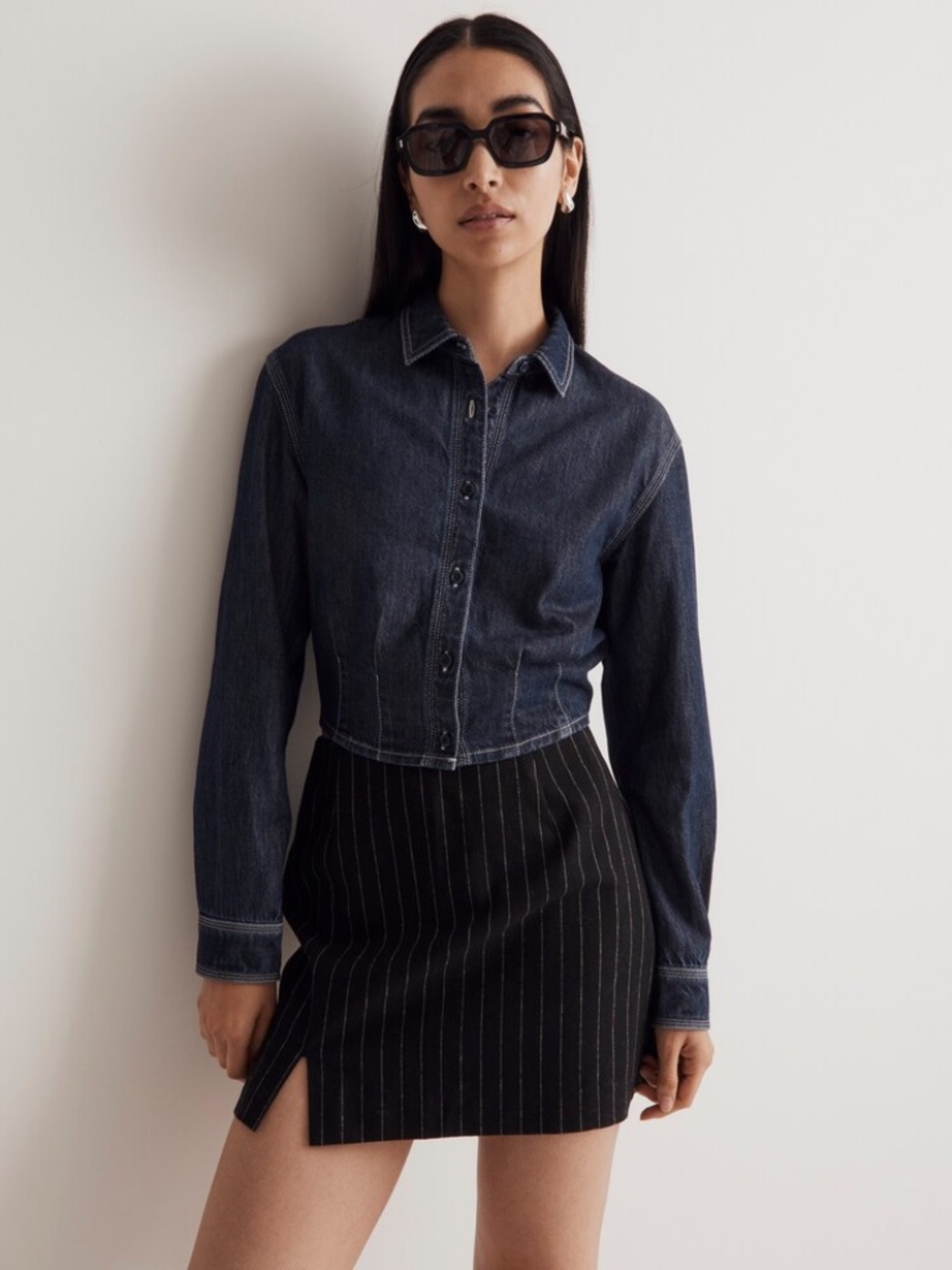 NWT Denim Pleated Cropped Button-Up Shirt